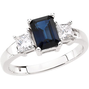 Rectangle Blue Sapphire 14k White Gold Ladies Ring