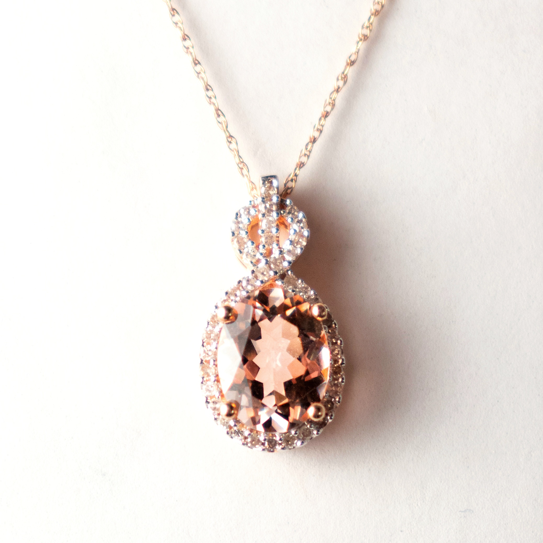 Morganite and Diamond Necklace 10K Rose Gold Chain Included